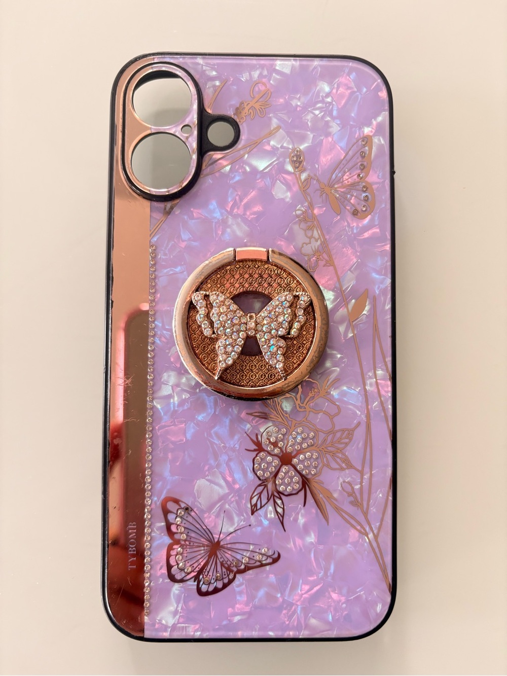 Stylish Pearl Butterfly iPhone Case with Ring Holder (16 Plus)